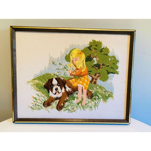 Vintage Needlepoint Wall Hanging, Sunset Design, Girl with Dog Embroidery - Picture 2 of 10